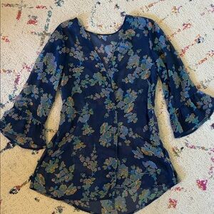 Floral Navy Blue Women's Top -Sheer Cover S/M